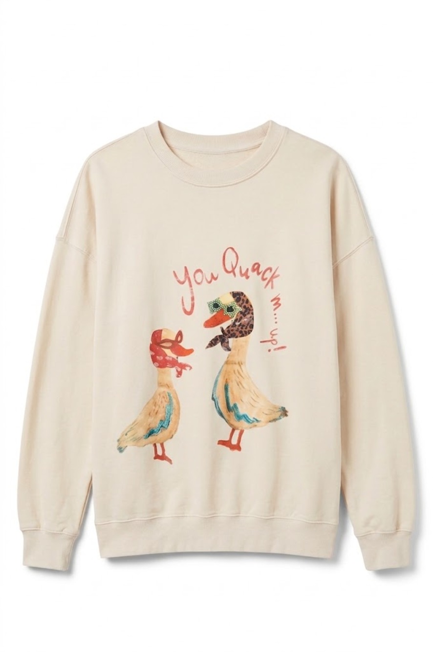 Easel Quack Me Up Oversized Graphic Terry Crewneck Pullover NWT